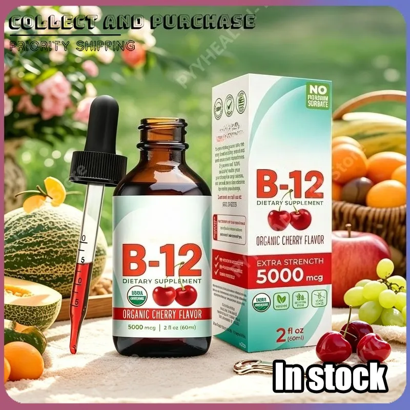 Methylcobalamin B12 Drops 5000mcg Βιταμίνη Β12 Υγρό Υπογλώσσιο Συμπλήρωμα Γεύσης Κεράσι Vegan Χωρίς Ζάχαρη Καθημερινή Διατροφή 60ml