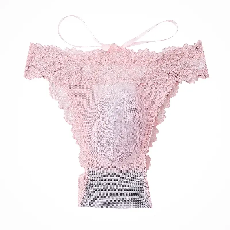 Men Sexy Sheer Underwear French Lace Briefs Mesh Bow Lace Up Panties Low Rise Sissy Panties Ultra-Thin Pouch Underpants