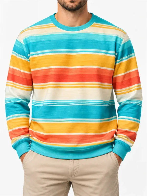 Heren vintage gestreept sweatshirt met ronde hals, casual trui met lange mouwen, kleurenblok, herfst streetwear, alledaagse mode, klassieke top