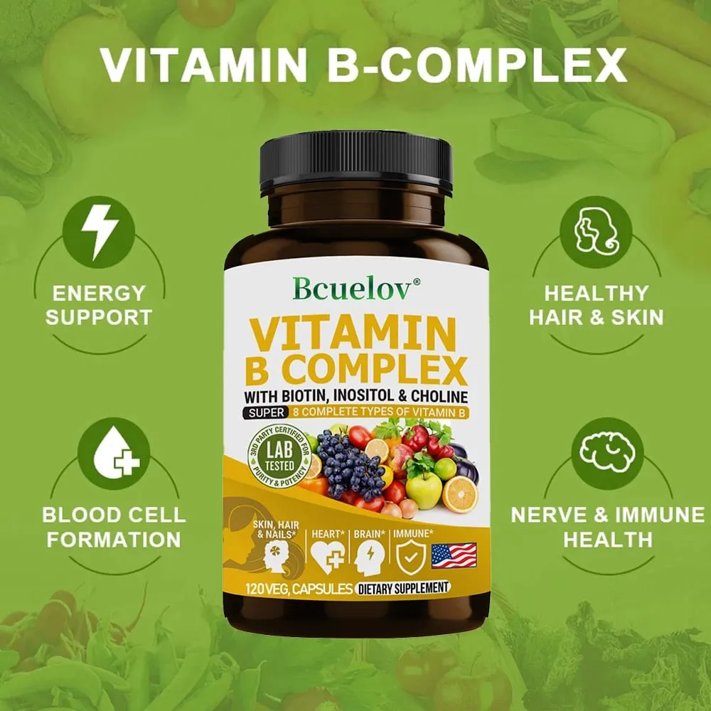 Vitamin B Complex - B1 B2 B3 B5 B6 B7 B9 B12 Biotin Choline Niacin - Brain Skin Hair Nervous System Immunity Metabolism