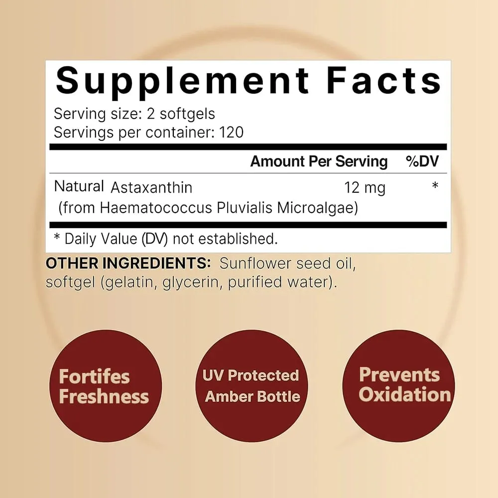 Triple Strength Astaxanthin 12mg - Natural Astaxanthin Antioxidant Supplement Non-GMO Verified & Gluten - 120 Softgels