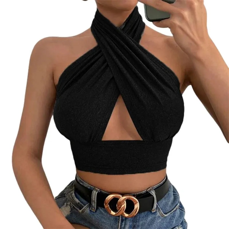 y2k Halter למעלה נשים בגדי קיץ צבע אחיד ללא שרוולים אפוד ללא גב חולצת טריקו שנות ה-2000 בגדים אסתטיים Streetwear