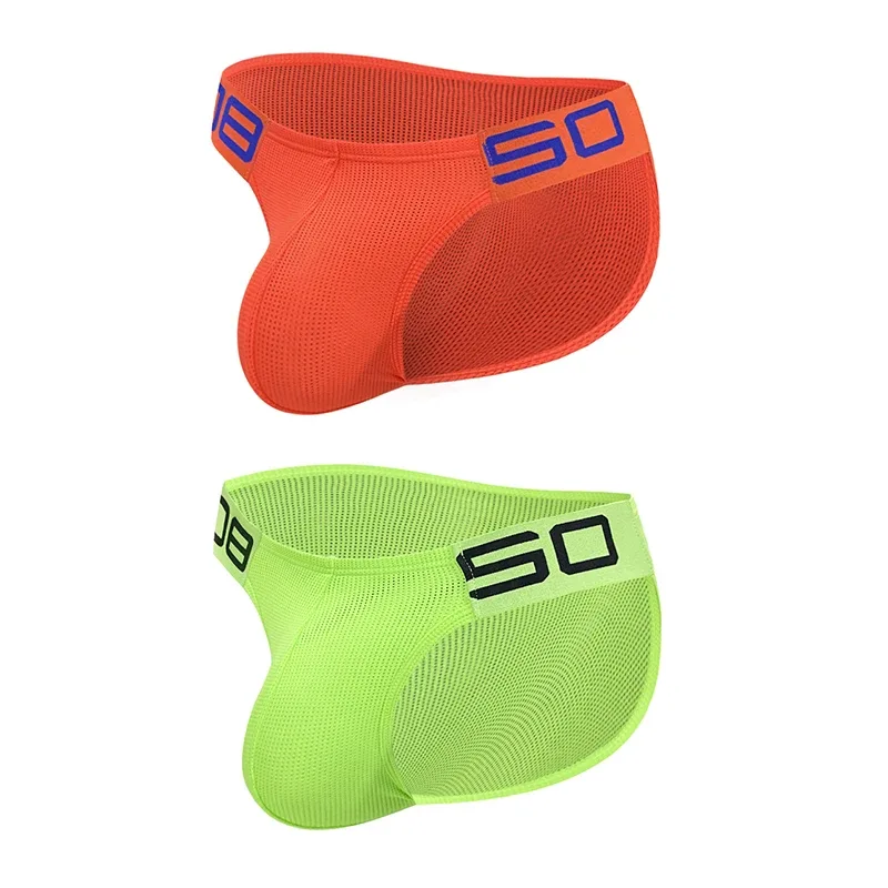 Men's Nylon Blend Mesh Breathable Briefs Horn Splice Letter Embossed Wide Elastic Waistband Fluorescent Color Sexy Underwear