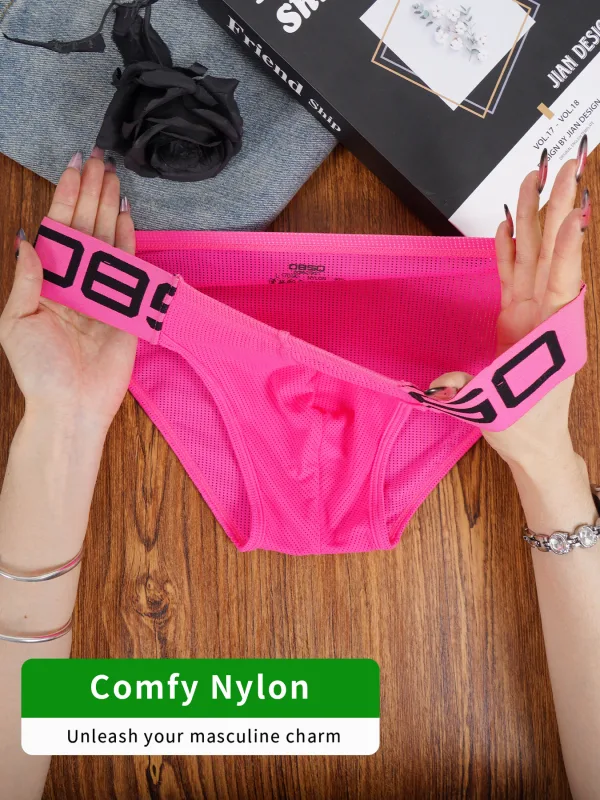 Men's Nylon Blend Mesh Breathable Briefs Horn Splice Letter Embossed Wide Elastic Waistband Fluorescent Color Sexy Underwear