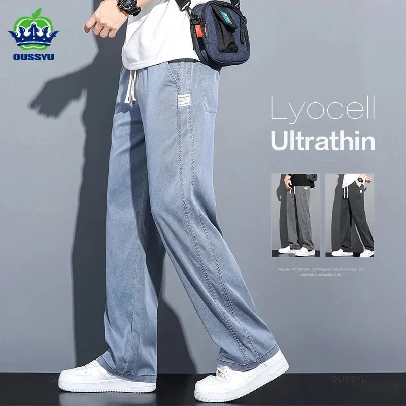 קיץ רך בד Lyocell ג'ינס גברים דק רופף מכנסיים ישרים שרוך אלסטי מותן קוריאה מכנסיים מזדמנים פלוס מידה M-5XL