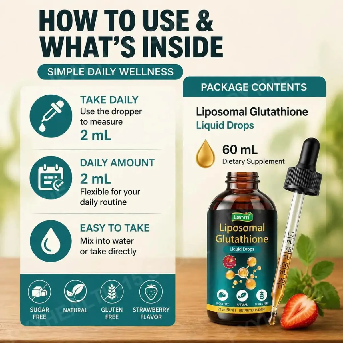טיפות נוזלי של Lenm Liposomal Glutathione לתמיכה נוגדת חמצון בסלולר ובכבד עם NAC ויטמין C טעם תותים 60 מ"ל