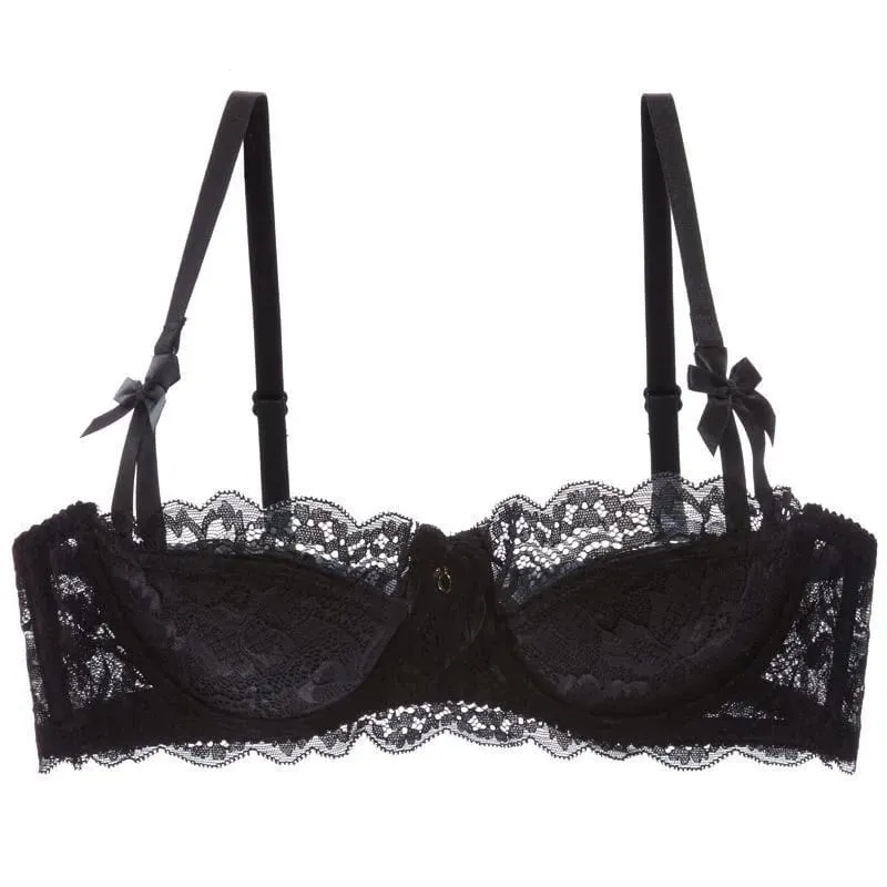 French Pure Passion Bow Shaped Shoulder Strap Lace Sexy Half Cup Push Up Bra Set Women's Thin Lingerie Big Breast Small Cup S-XL