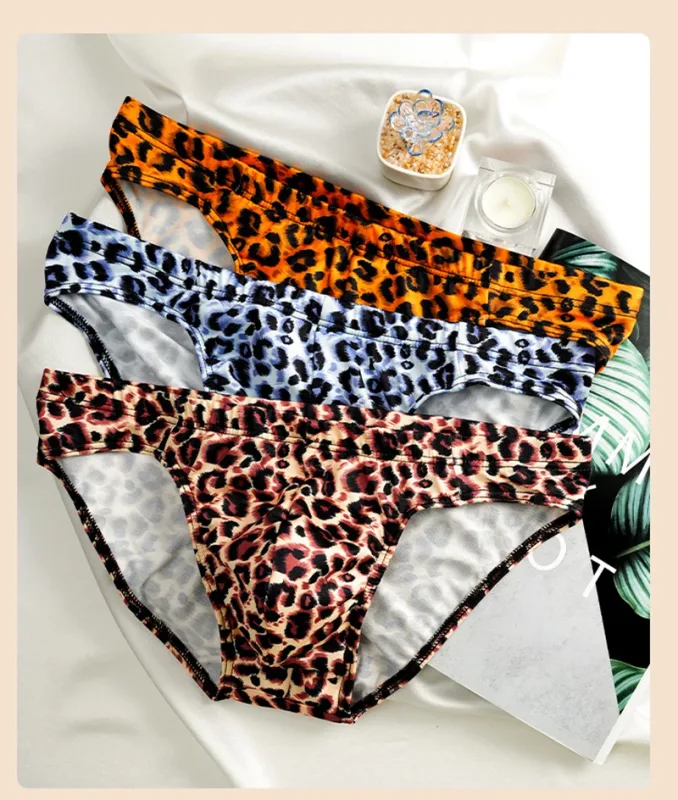 Men's Mid Waist Underwear Sexy Ice Silk Briefs Leopard Printed Breathable Underpants Male Soft Comfortable Panties Cueca Homme