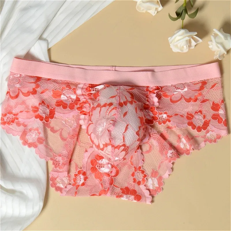 Lace Sexy Underwear Smooth Mens Pouch Panties Perspective Thin Floral Man Briefs Temptation Mesh Low Rise Breathable Underpants