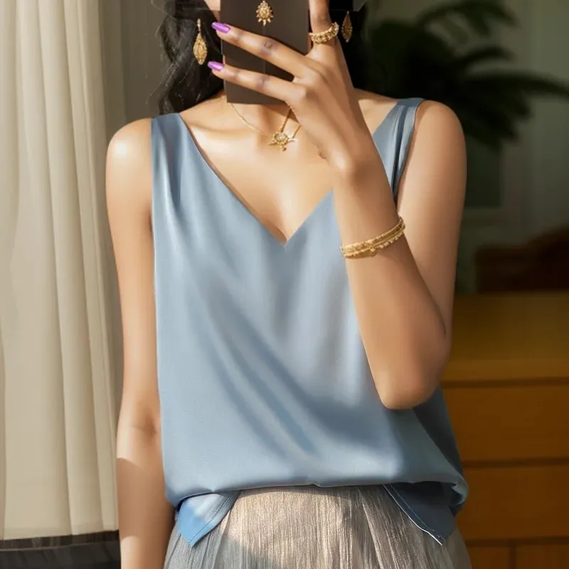 Νέο Lce Silk Satin Camisole Γυναικεία Άνοιξη/Καλοκαίρι μονόχρωμο αμάνικο σέξι άνετο μεταξωτό εσώρουχο RW-D09