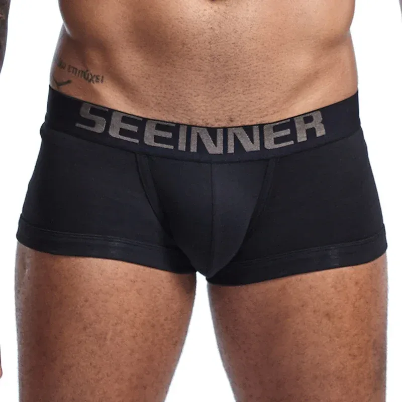 Seeinner Mens Boxer กางเกงขาสั้นผ้าฝ้าย U กระเป๋านูนชุดชั้นในนุ่มสบายกางเกง Cueca Masculina M-XXL สีดำสีขาวสีเทา