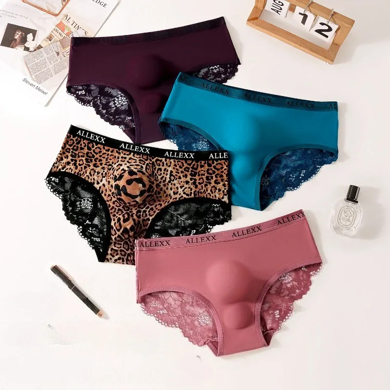 Men's Sexy Briefs Sheer Lace Ice Silk Panties Leopard Printed Letter Sissy Lingerie Bullet Separation Pouch Ultra-Thin Underwear
