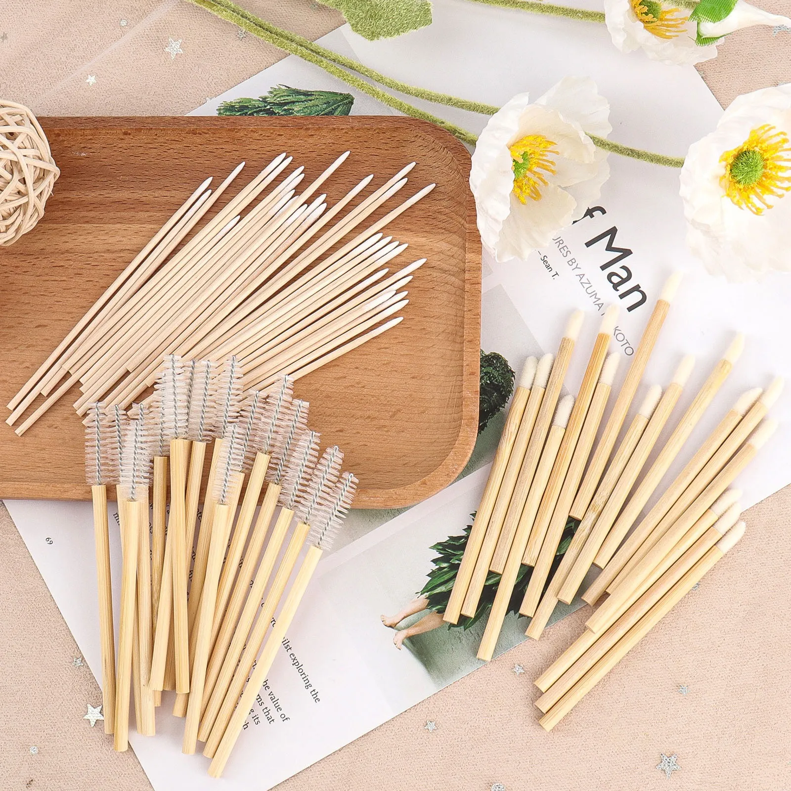 50pcs Bamboo Stick Disposable Flocked Lip Brushes Portable Lip Gloss Applicator Wands Lipstick Makeup Lash Tattoo Beauty Tools