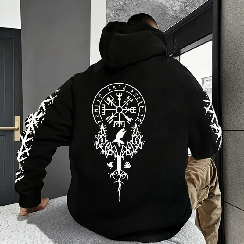 Winter and Autumn Edition Viking Nordic Runes Printed Men's Large-Sized Hooded Sweatshirt for Street Casual Wear