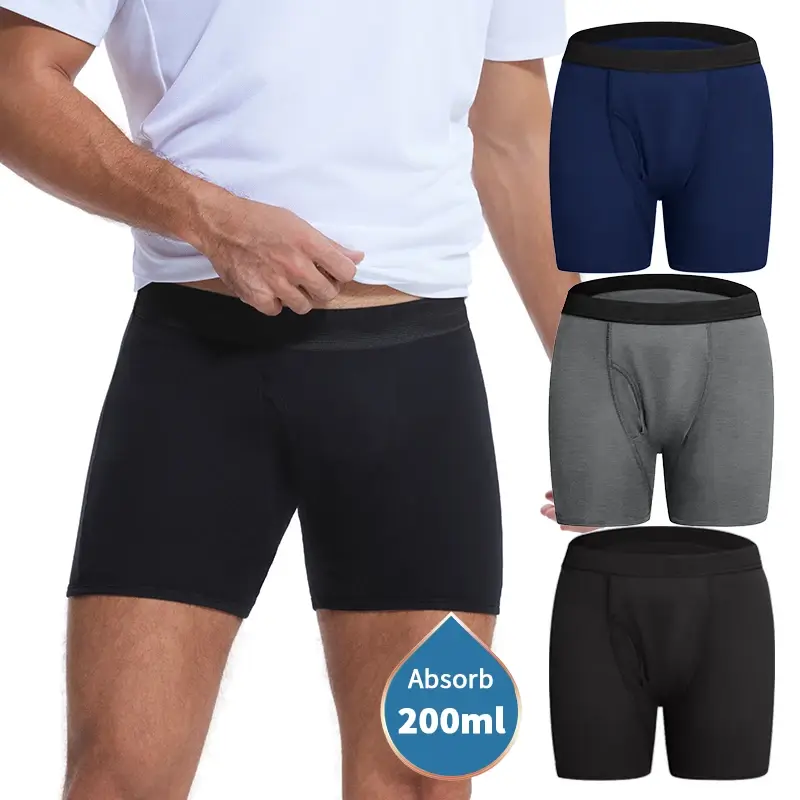 Mens Absorbent Incontinence Underwear Washable Open Fly Leakage Protective Briefs Adult Leak Proof Boxer 3 Pack