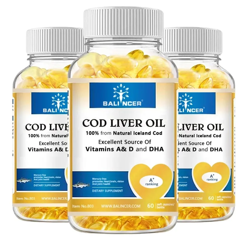 Cod Liver Oil Capsules Vitamins A & D and DHA Support Stress Relief Strengthen The Brain Bones Improve Memory and Intelligence