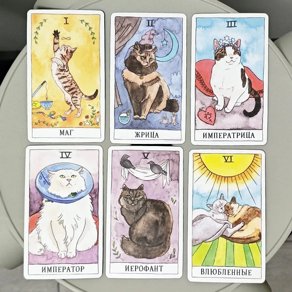 Tarot Kucing Bahasa Rusia 10.3*6Cm Menggabungkan Keaslian dengan Selera Humor Kucing 78 Buah Kartu Tarot Bertema Kucing