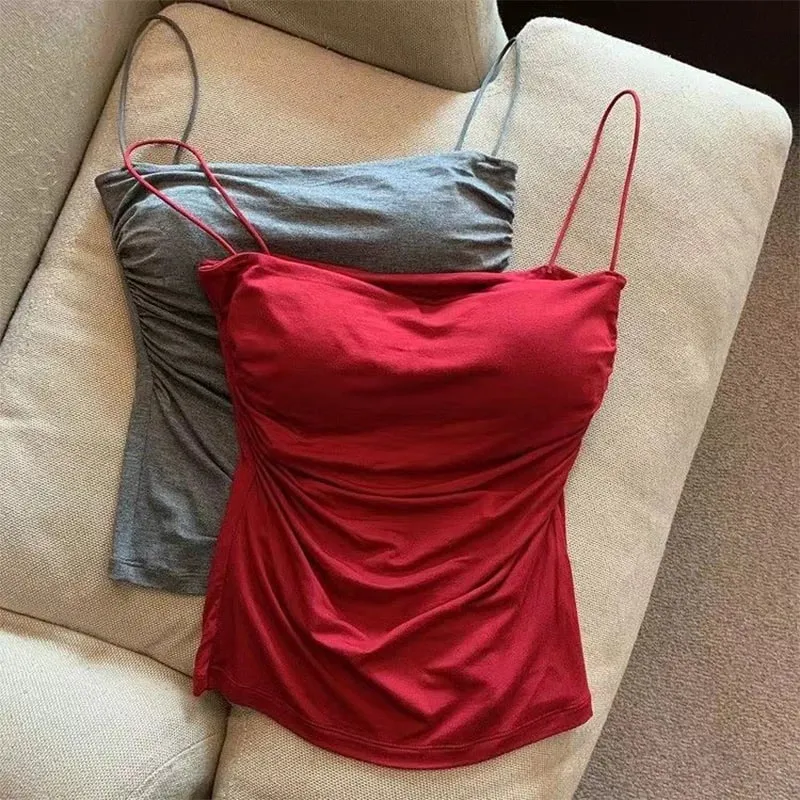 Szexi, tömör redőzött Tank Camisole női nyári spagettipántos ujjatlan felsők