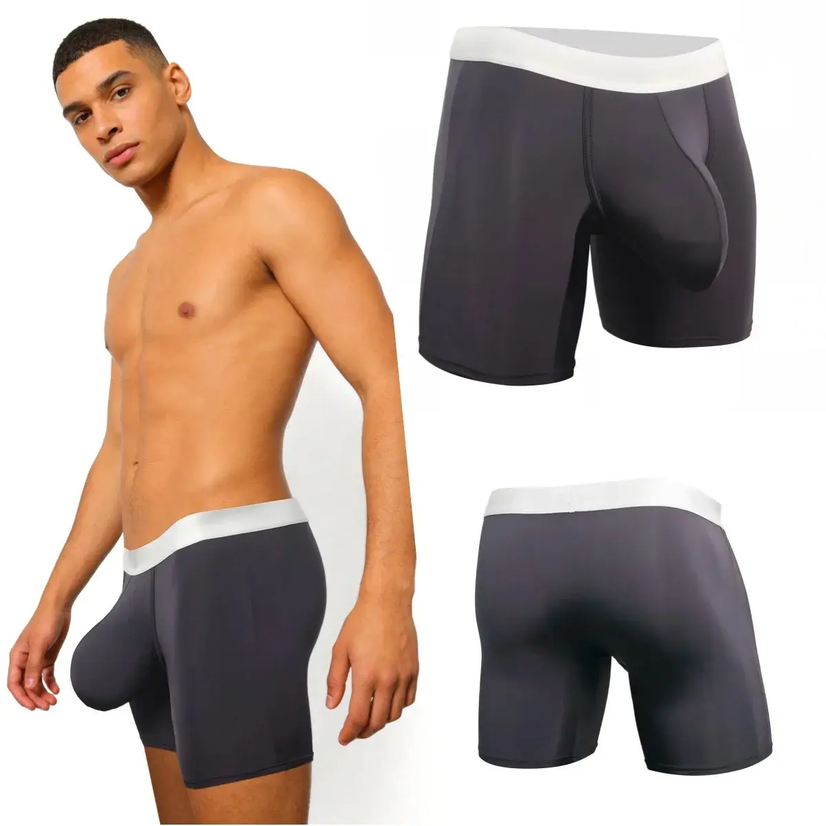 Mens Cool Ice Silk Boxer Briefs Extra Deep Pouch Breathable Long Running Sport Gym Underwear Anti Chafe Free Soft Trunks