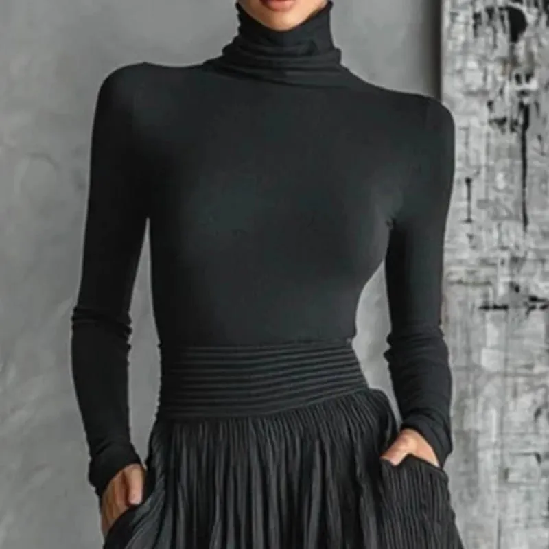 Set Rok Dua Potong Elegan Prancis untuk Wanita Setelan Ramping Turtleneck Antik Berlipat Hem Belahan Minimalis Solid Bersaku