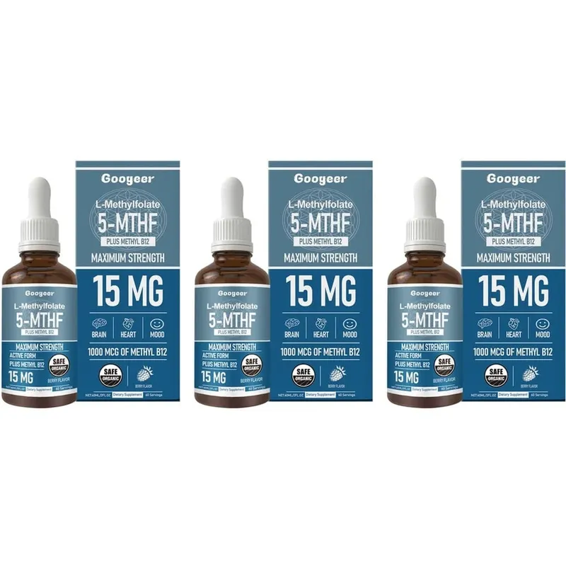 Googeer L-Methylfolate 5-MTHF טיפות נוזליות עם מתיל B12 15mg 1000mcg חוזק מקסימלי לב מוח תמיכת מצב רוח 60ml