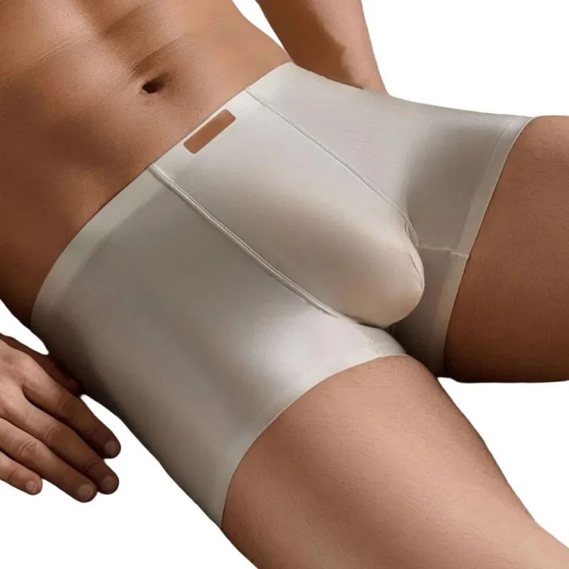 1pc Men Satin Trunks Seamless Shiny Boxer Shorts Ice Silk Middle Waist Panties Solid U Convex Bulge Pouch Underwear Breathable