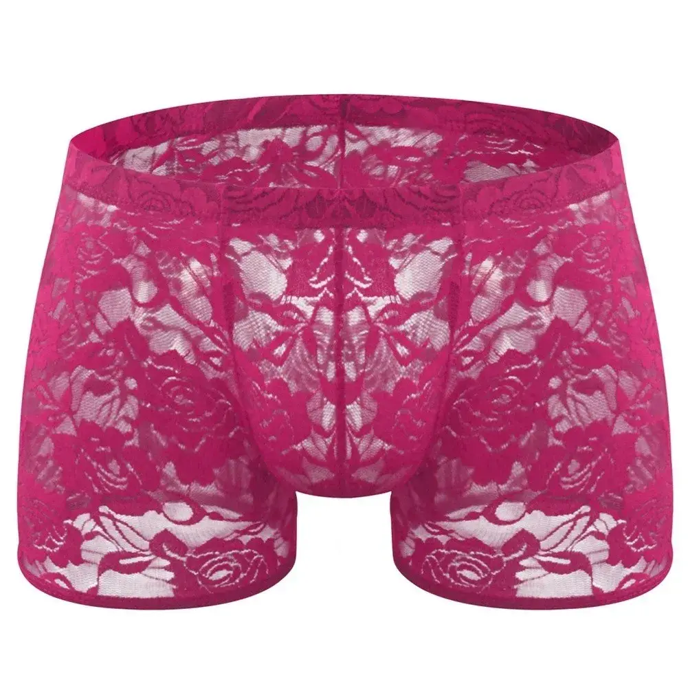 Men See Through Lace Boxer Shorts Bulge Pouch Low Waist Underwear Solid Panties Elastic Waist Breathable Transparent Underwear