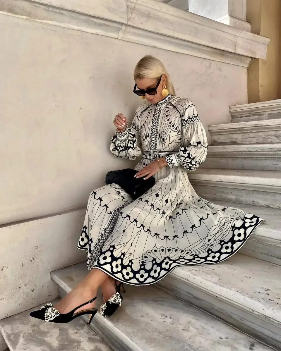 Retro Elegant Stand Collar Long Dress Women Spring Pattern Print Belted Buckle Party Autumn Sleeve A-Line Boho