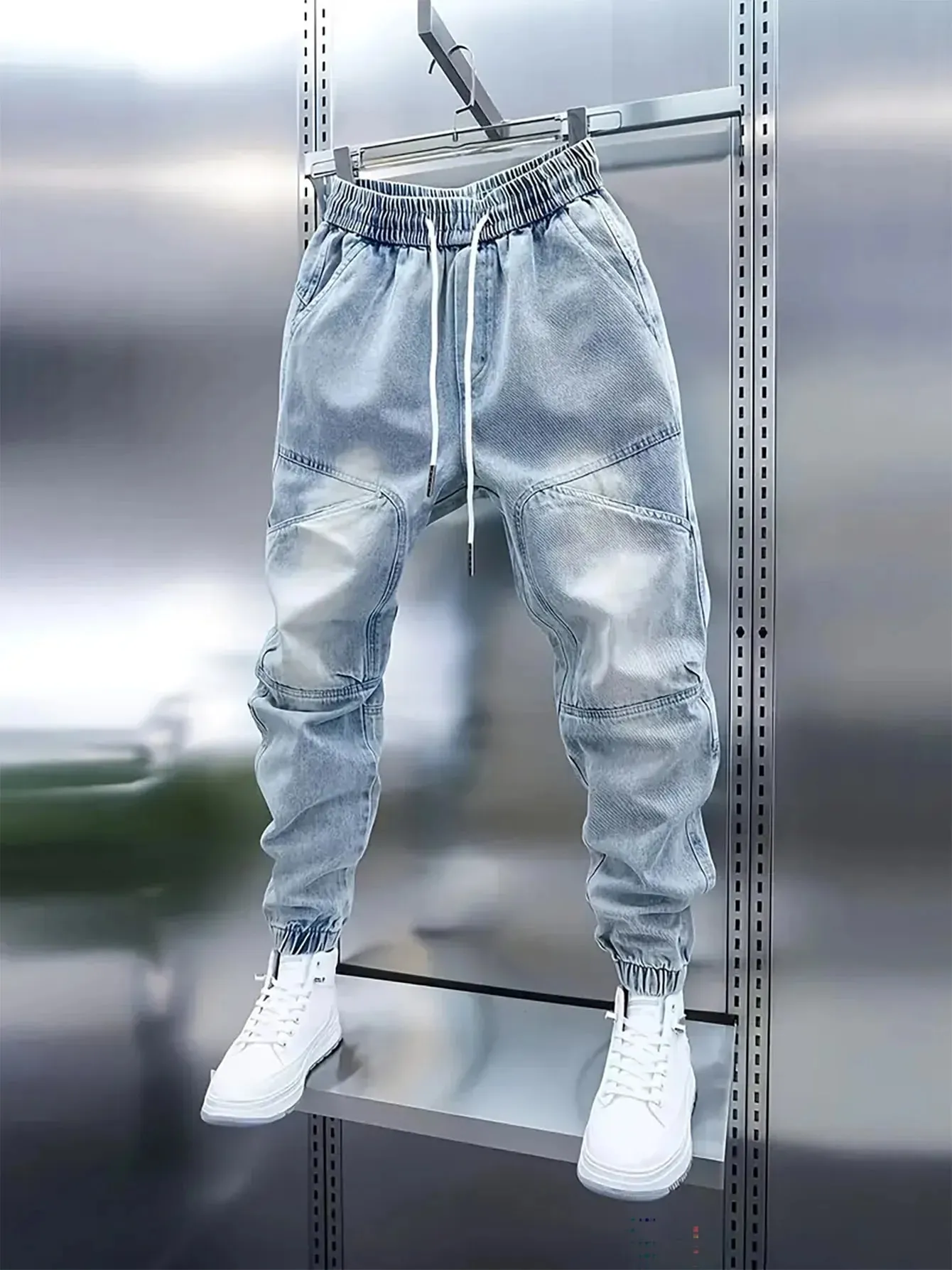 Férfi új húzózsinóros derékrész világoskék mandzsettás baggy farmer