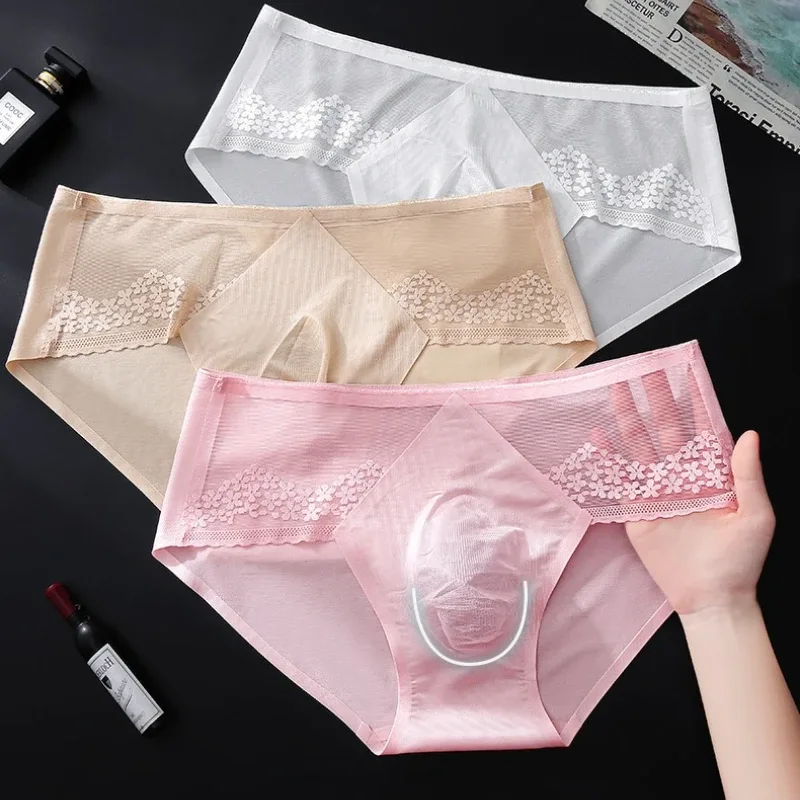 Large Size Men Sexy Panties Silky Satin Bugle Pouch Underwear Lace See Through Brief High Elastic Soft Underpant Bikini Lingerie