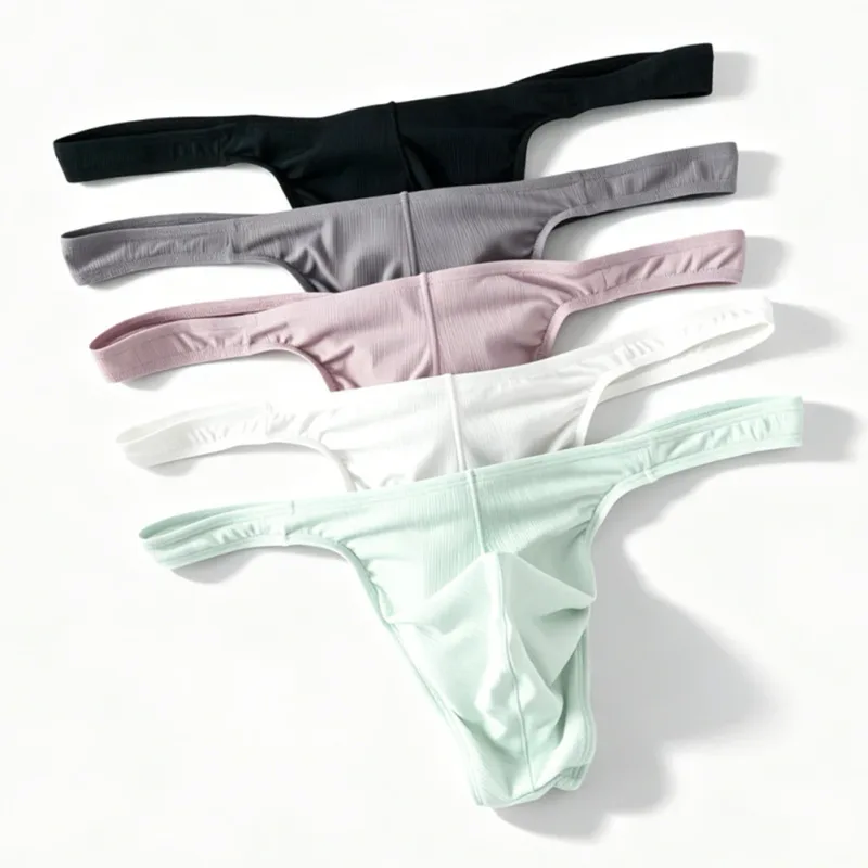 Ice Silk Thongs Men Sexy Underwear Soft Ribbed G-string Breathable Underpants Seamless Panties Male Lingerie Bulge Pouch Briefs