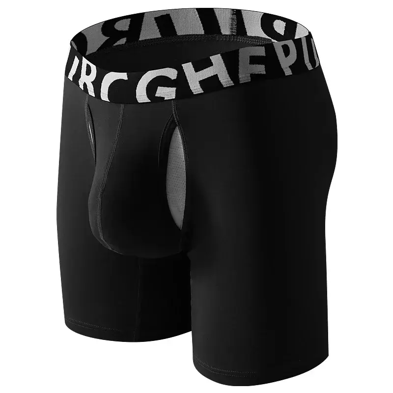Men's Long Leg Cotton Boxer Briefs with Scrotum Pouch Anti-Chafing U Convex Separation Sports Underwear for Comfort