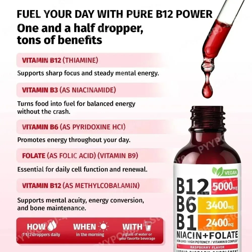 Vitamin B12 B6 Tetes Cair 60Ml B Kompleks dengan B1 Niacin Folat Raspberry Suplemen Kesehatan Harian Vegan 40 Porsi Dewasa