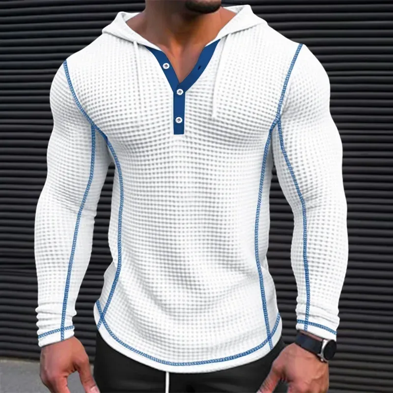 Waffle Solid Fabric Slim Fit Hoodies Men V-neck Button Casual Sweatshirts Hip Hop Street Sweater Panlalaking Sports Tops Long Sleeve