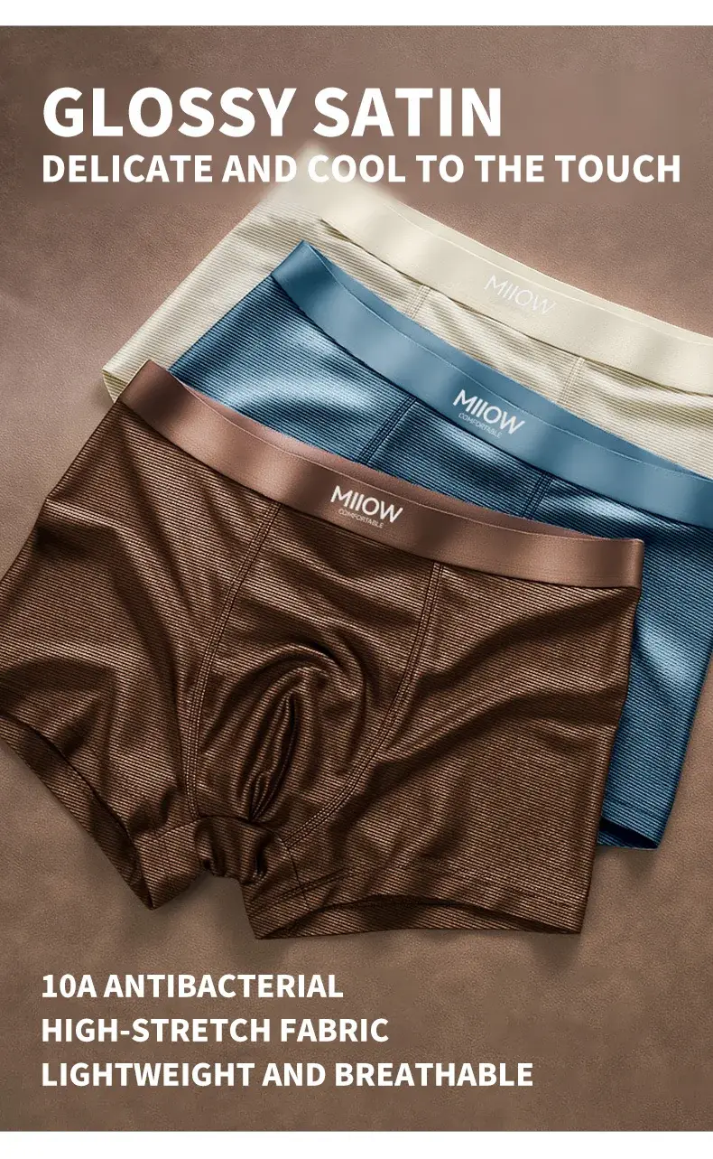 MiiOW 3Pcs Satin Cool Ice Silk Men Underwear Boxers 10A Antibacterial Men's Panties Summer Silky Breathable Man Underpants Boxer