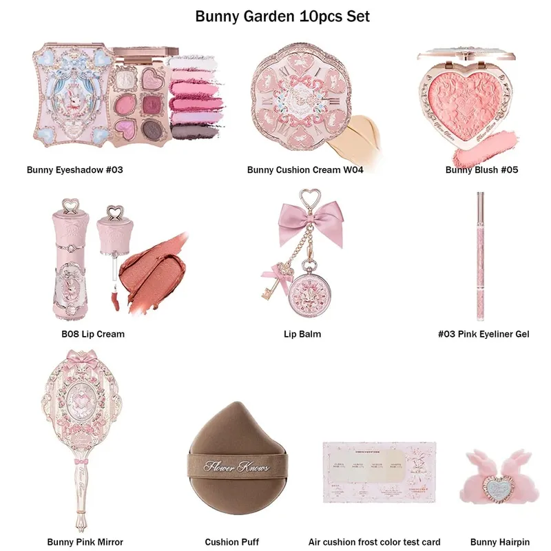 Σετ μακιγιάζ Flower Knows Shell Pearl Bunny Garden Setting Powder Lip Gloss Blush All in One Κιτ γκλίτερ για γκλίτερ μπέικιν πάουντερ