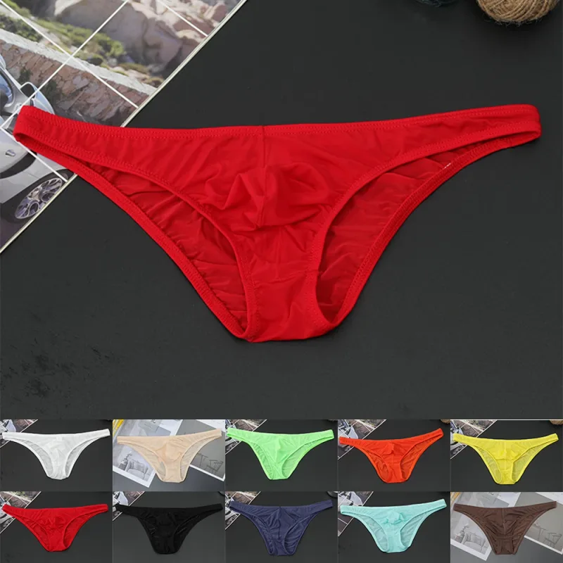 Mens Sexy Low-Waist Briefs Shorts See Through Pouch Underwear Ice Silk Underpant Bikinis Ultra Thin Panties Solid Comf Lingerie