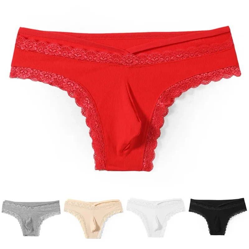 Men Lace Rrim Sissy Gay Seamless Briefs Underwear Mid Waist Bulge Pouch Lingerie Solid Men's Lace Edge Lingerie