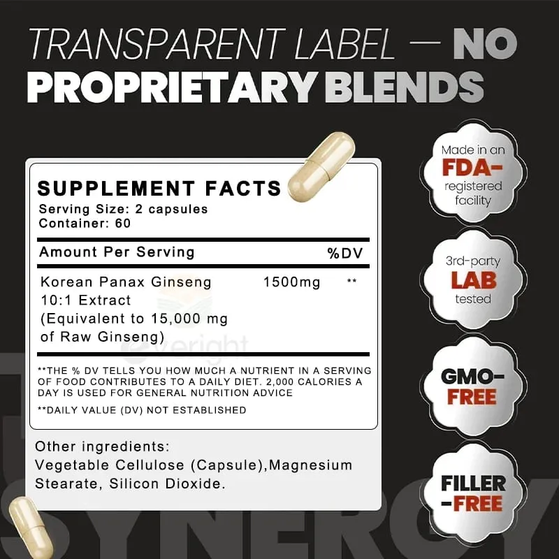 Red Korean Ginseng Supplement for Men - Extra Strength 10:1 Extract - Energy Focus Productivity Performance - Natural & Vegan