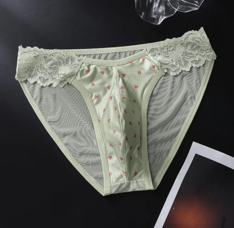 Men's Satin French Lace Briefs Exotic Male Mesh Transparent Lingerie 3D U Convex Panties Breathable Ice Silk Seemless Underwear