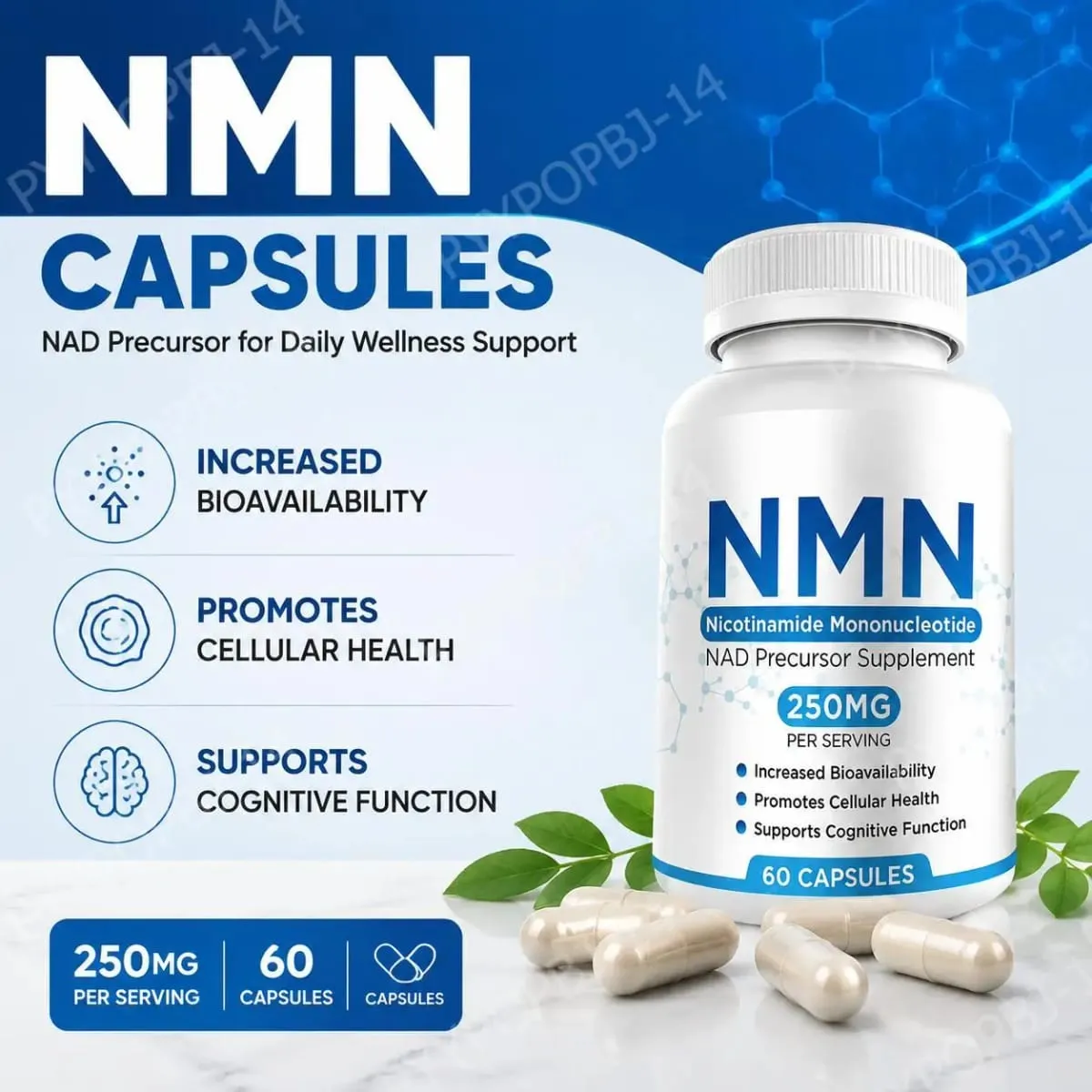 NMN Nicotinamide Mononucleotide Capsules 250 Mg Per Serving Increased Bioavailability Promotes Cellular Health 60 Capsules
