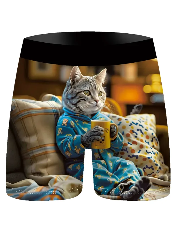 3Pcs Men Boxer Briefs Cute Lazy Cat 3D Print Underwear Soft Stretch Male Underpants Funny Novelty Gift Boxer Shorts