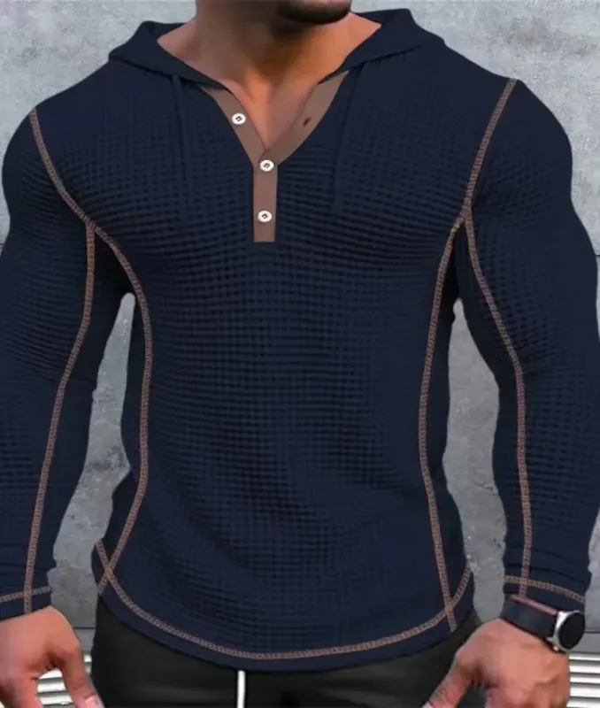 Waffle Solid Fabric Slim Fit Hoodies Men V-neck Button Casual Sweatshirts Hip Hop Street Sweater Panlalaking Sports Tops Long Sleeve