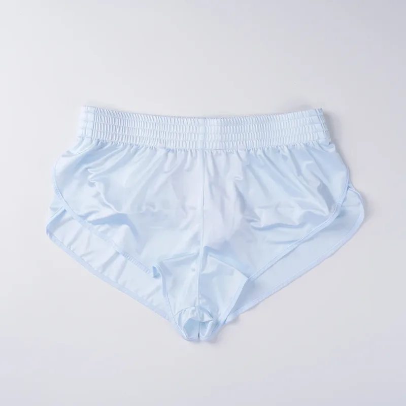 Men Satin Glossy Arrow Pants Split Side Boxer Shorts Sexy Underwear Loungewear Inner Jockstrap Mesh Pouch Sleep Bottoms
