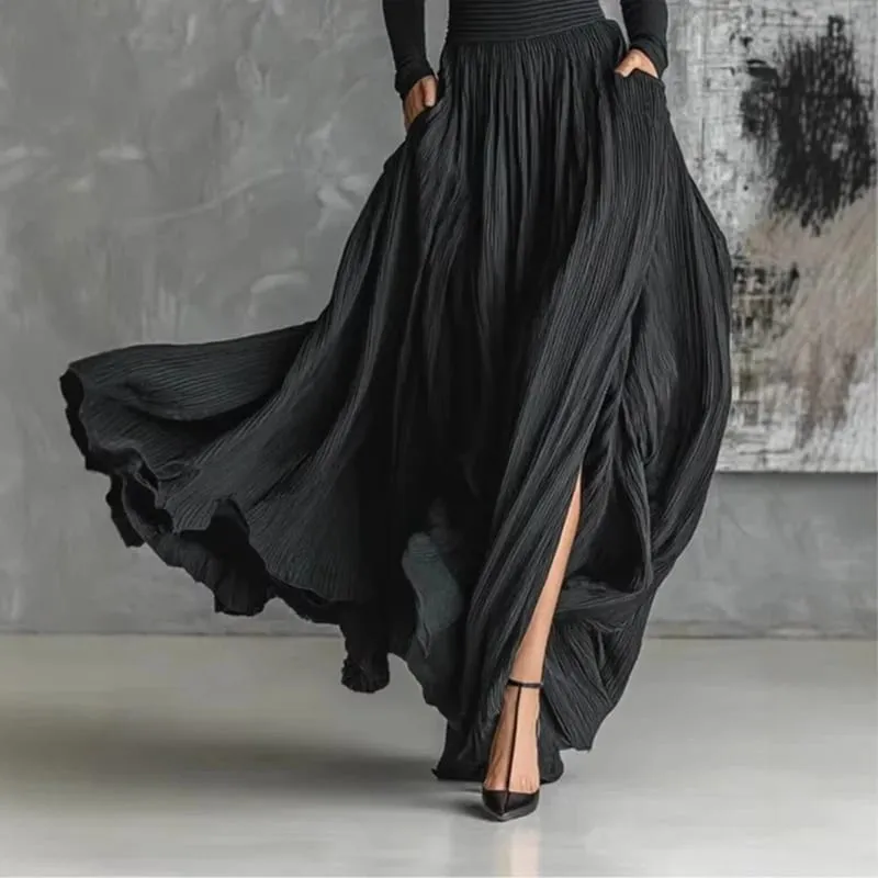 Set Rok Dua Potong Elegan Prancis untuk Wanita Setelan Ramping Turtleneck Antik Berlipat Hem Belahan Minimalis Solid Bersaku