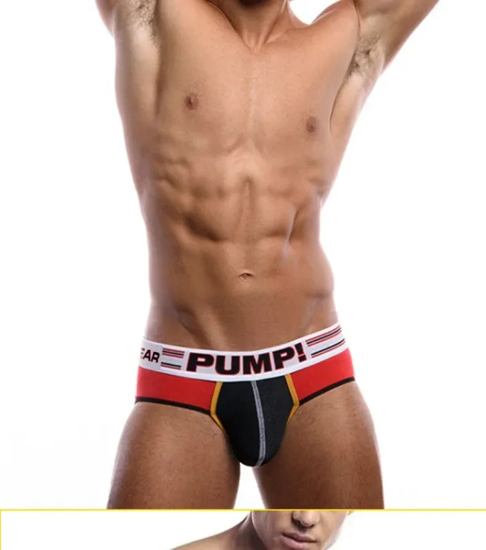 Men's Cotton Color Block Briefs, Pump! Logo Wide Waistband Low Rise Sexy 3D Convex Pouch Underwear 3256813080433415