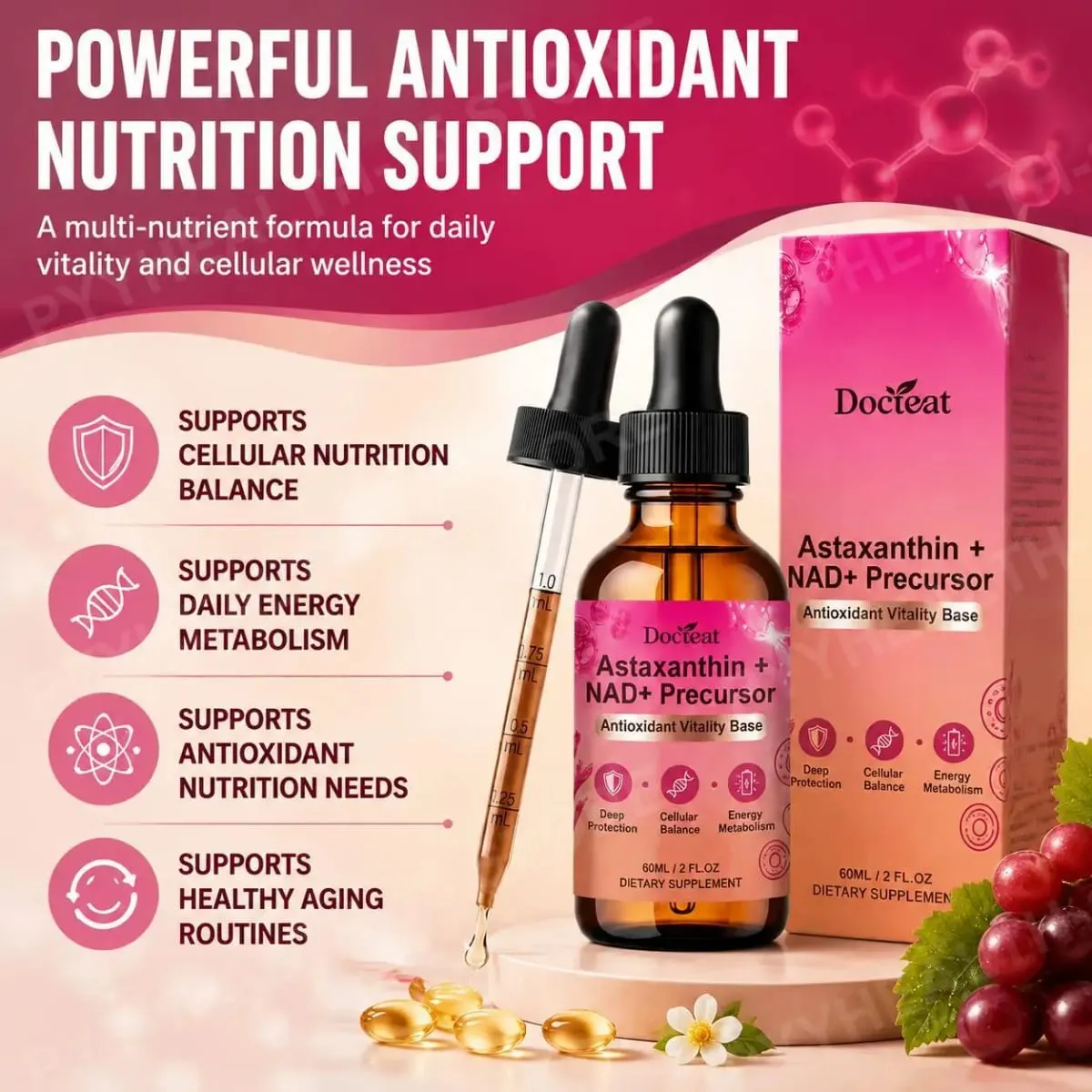 Docteat Astaxanthin+ NAD+ Precursor Liquid Υποστηρίζει την κυτταρική διατροφή και τον ενεργειακό μεταβολισμό Αντιοξειδωτική Βάση ζωτικότητας 60 Ml