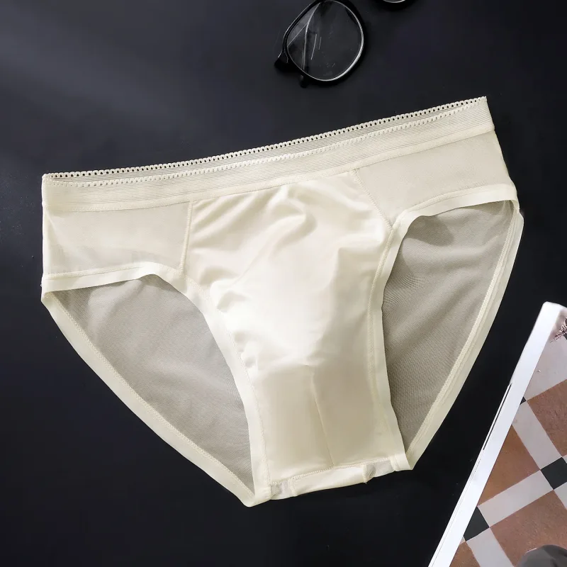 Male Glossy Silk Satin Briefs High Rise Lace Trim Ice Silk Underwear Soft Breathable U Pouch Men Panties