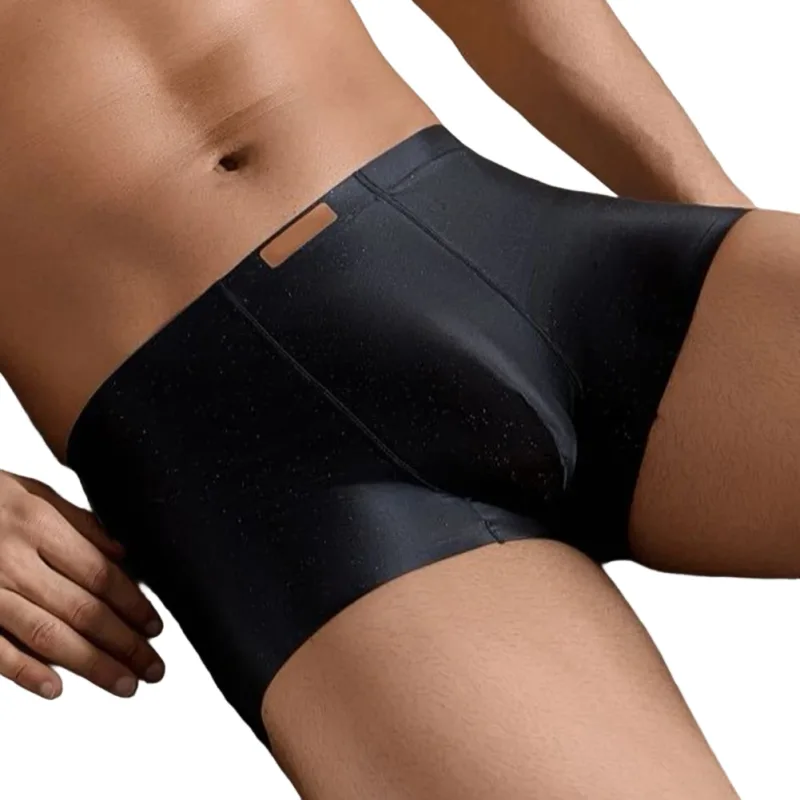1pc Men Satin Trunks Seamless Shiny Boxer Shorts Ice Silk Middle Waist Panties Solid U Convex Bulge Pouch Underwear Breathable