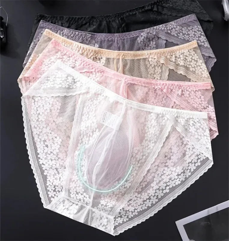 Men Ice Silk Lace Underwear 3D Convex Bag Plus Size Sexy Lingerie Calzoncillos Hombre Tangas Breathable Male Sleepwear